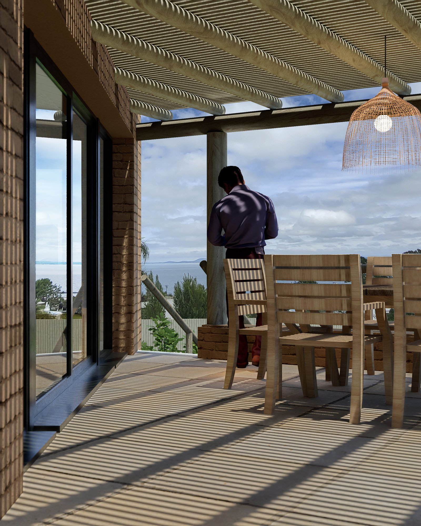 Terraza exterior, barbacoa con pérgola de madera, arquitectura, arquitecto josé gabriel herrera tolla, aterdecer Punta Ballena, Uruguay