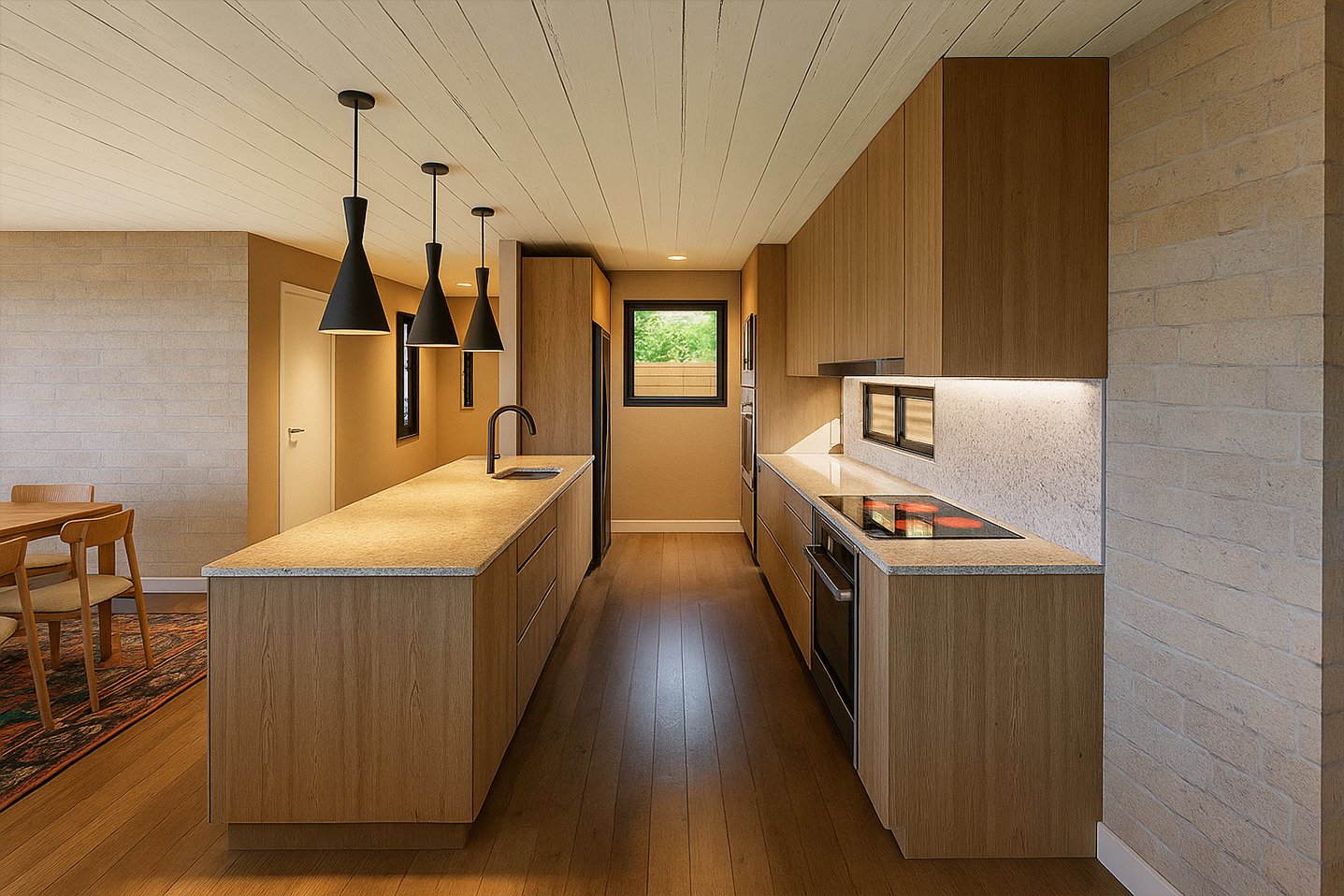 Diseño interior, cocina abierta con isla, revestimiento de madera, suelo de madera, lámparas colgantes, cocina moderna, arquitectura, render, arquitecto josé gabriel herrera tolla