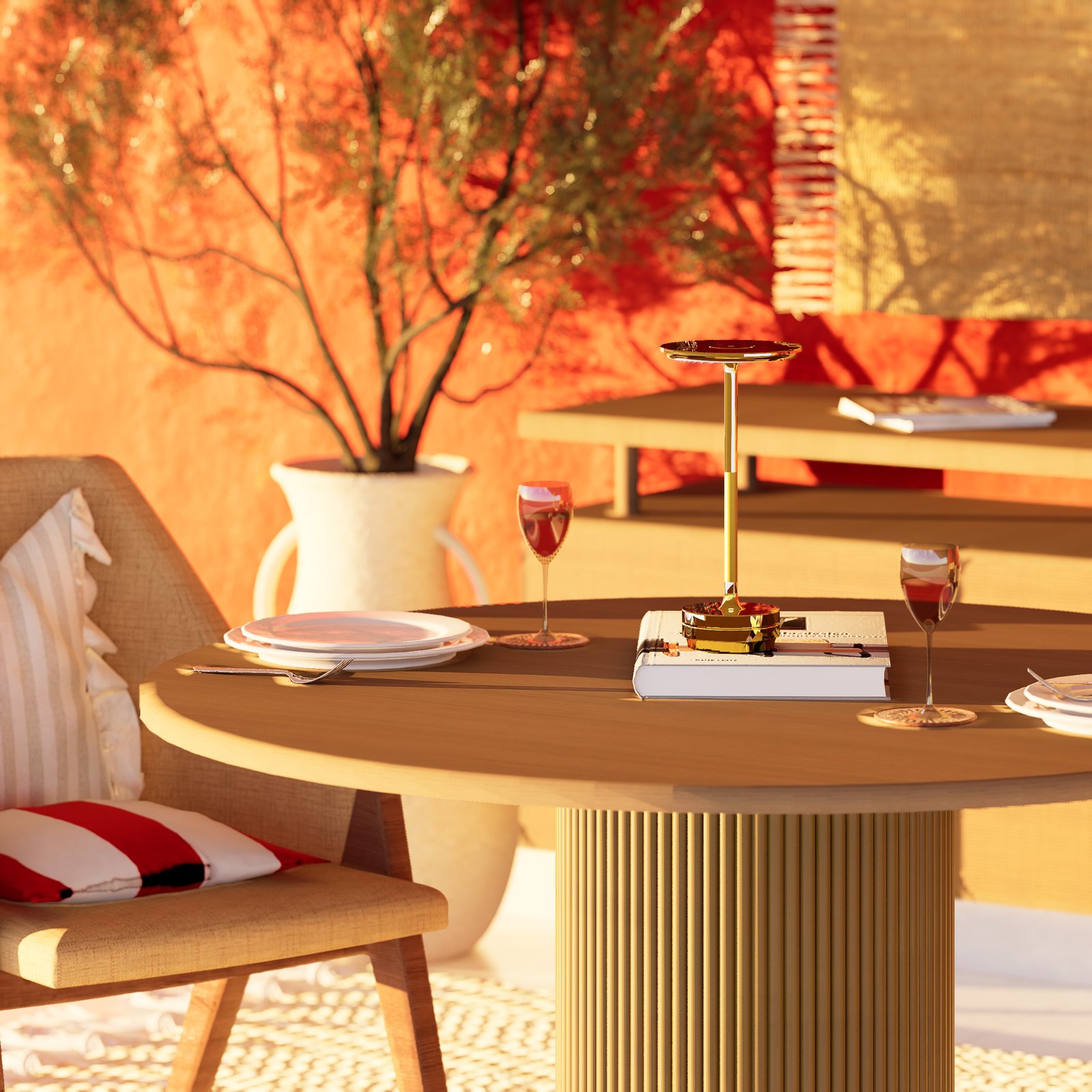 Decoración interior, diseño de comedor, pared roja, mesa redonda moderna, lámpara innalámbrica, arquitectura, render, josé gabriel herrera tolla