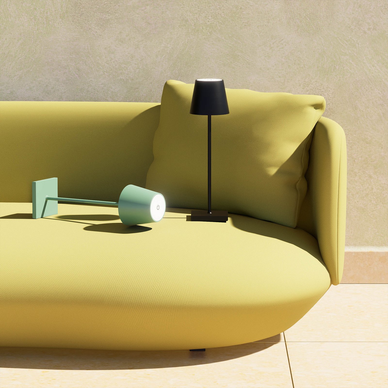 Sofá amarillo, mobiliario moderno, decoración interior, arquitectura interior, render, josé gabriel herrera tolla