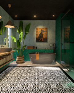 Baño tropical, reforma interior, diseño interior de un baño, diseño verde turquesa, suelo colonial, Cuadro José Orfilio Canavese