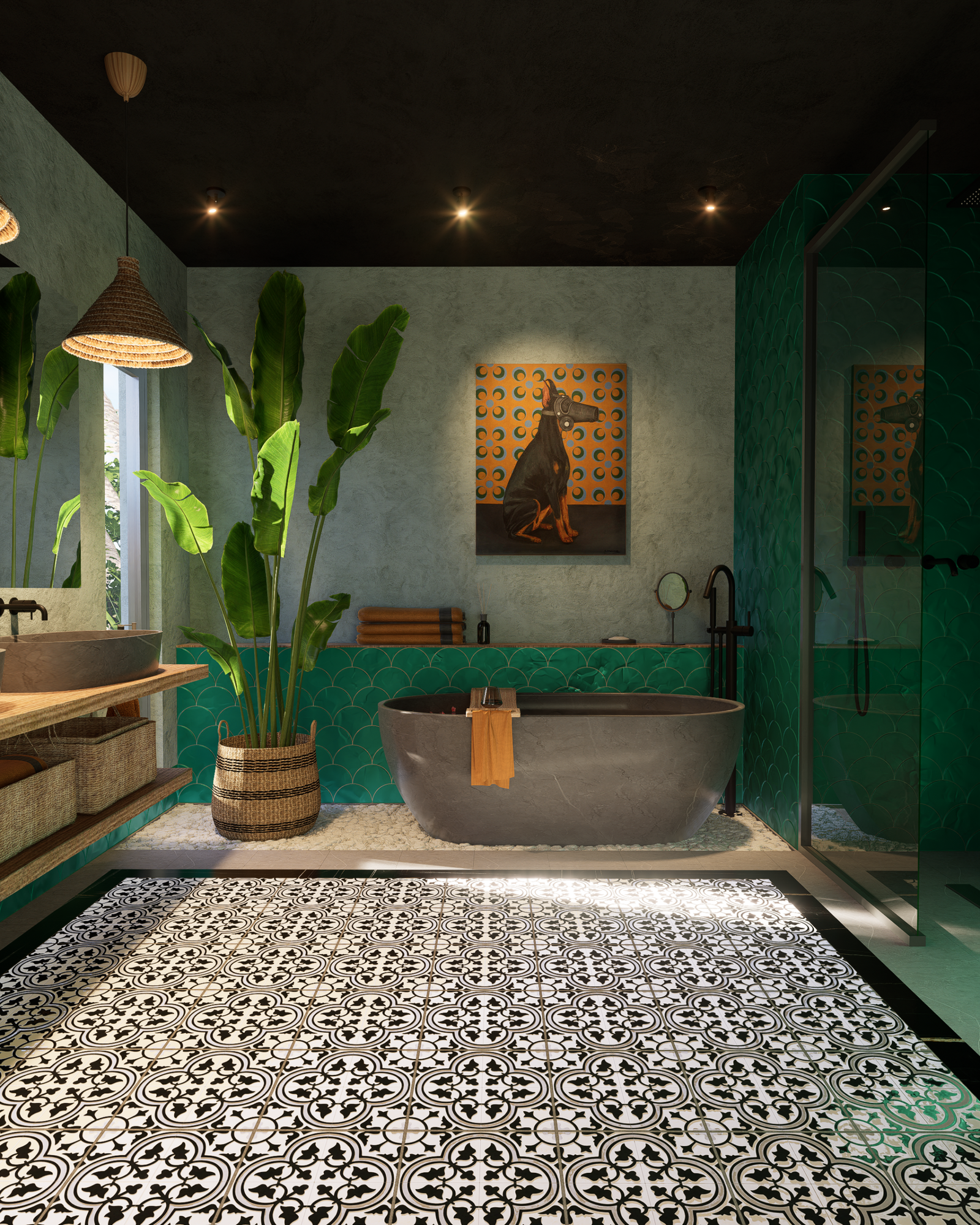 Baño tropical, reforma interior, diseño interior de un baño, diseño verde turquesa, suelo colonial, Cuadro José Orfilio Canavese