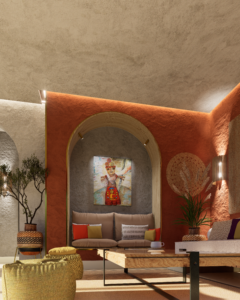 Salón étnico, decoración étnica andina, y matices mediterráneos, colaboración artísitca con Fernando López