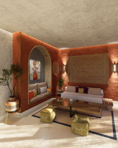 Salón étnico, decoración étnica andina, y matices mediterráneos, colaboración artísitca con Fernando López