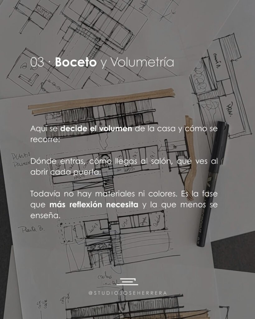 Bocetos a mano de plantas y volumetría de una vivienda unifamiliar sobre papel, con rotulador