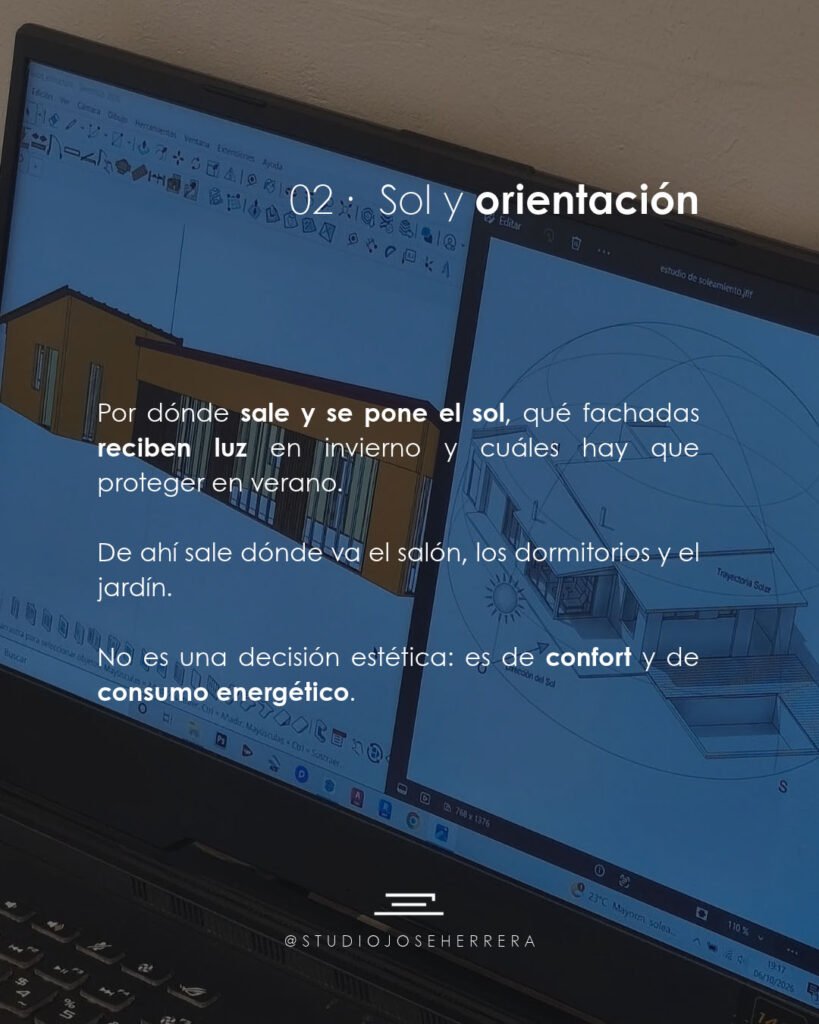 Estudio de soleamiento en SketchUp para decidir la orientación de una casa y proteger las fachadas del sol en verano