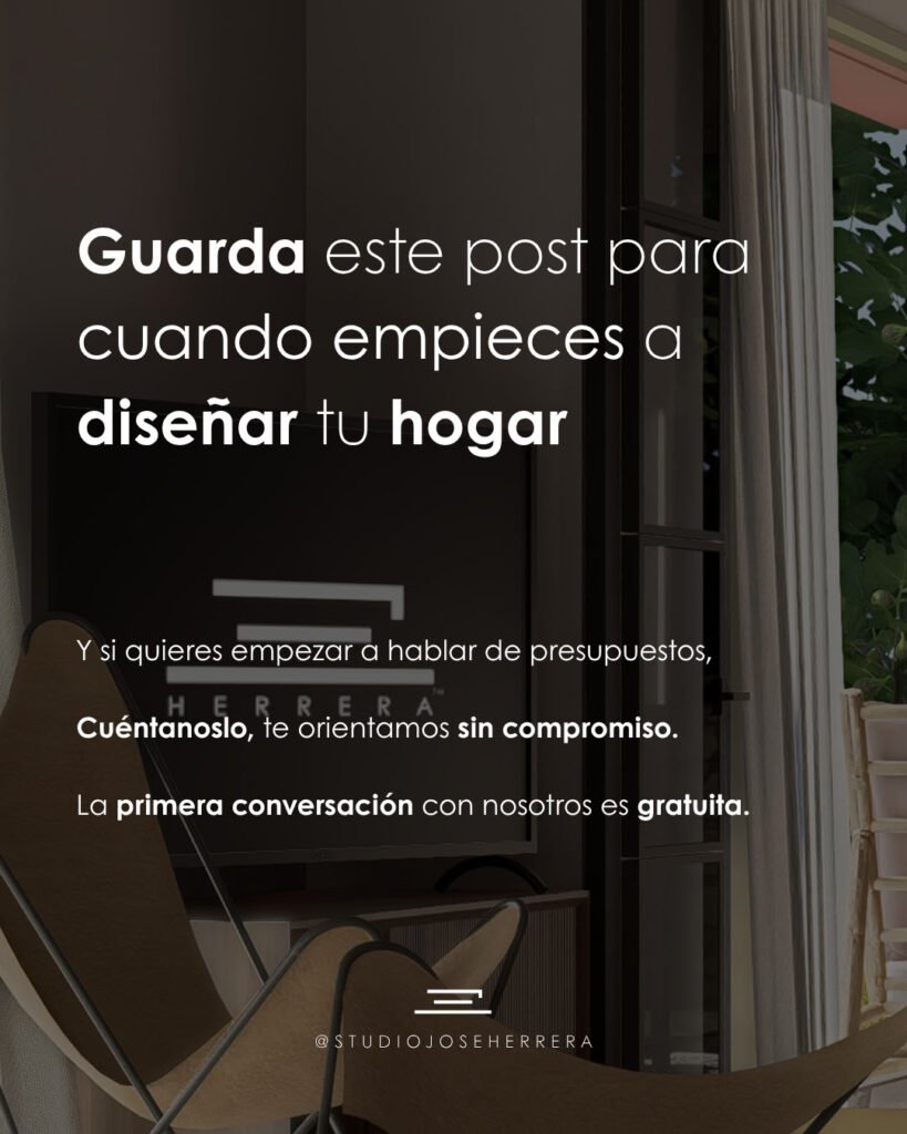 Interior de vivienda con sillón y ventanal; texto «Guarda este post para cuando empieces a diseñar tu hogar»
