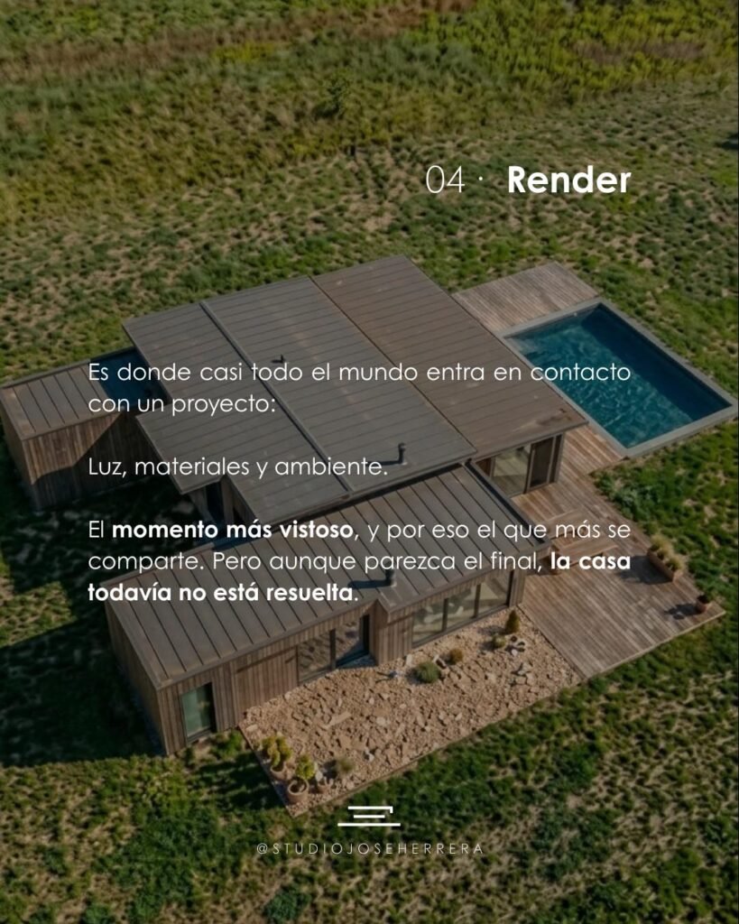 Render aéreo de una vivienda de madera con cubierta metálica, terraza y piscina rodeada de campo